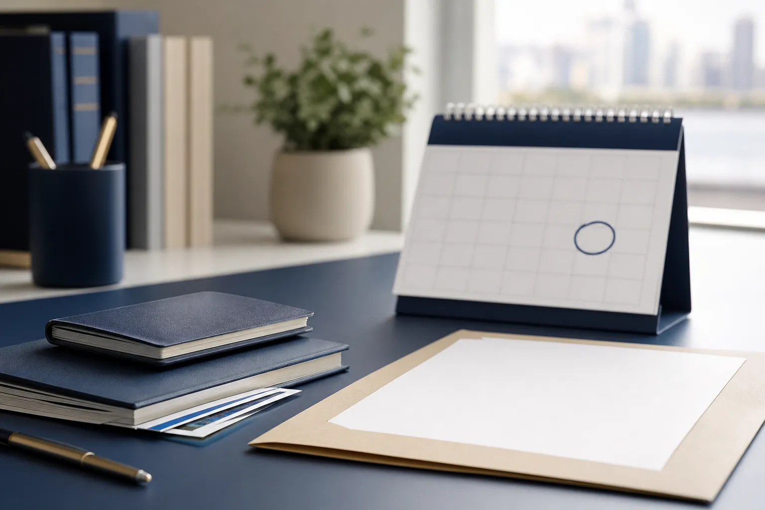 Passport, financial documents, and a visa application folder arranged on a professional office desk beside a calendar.