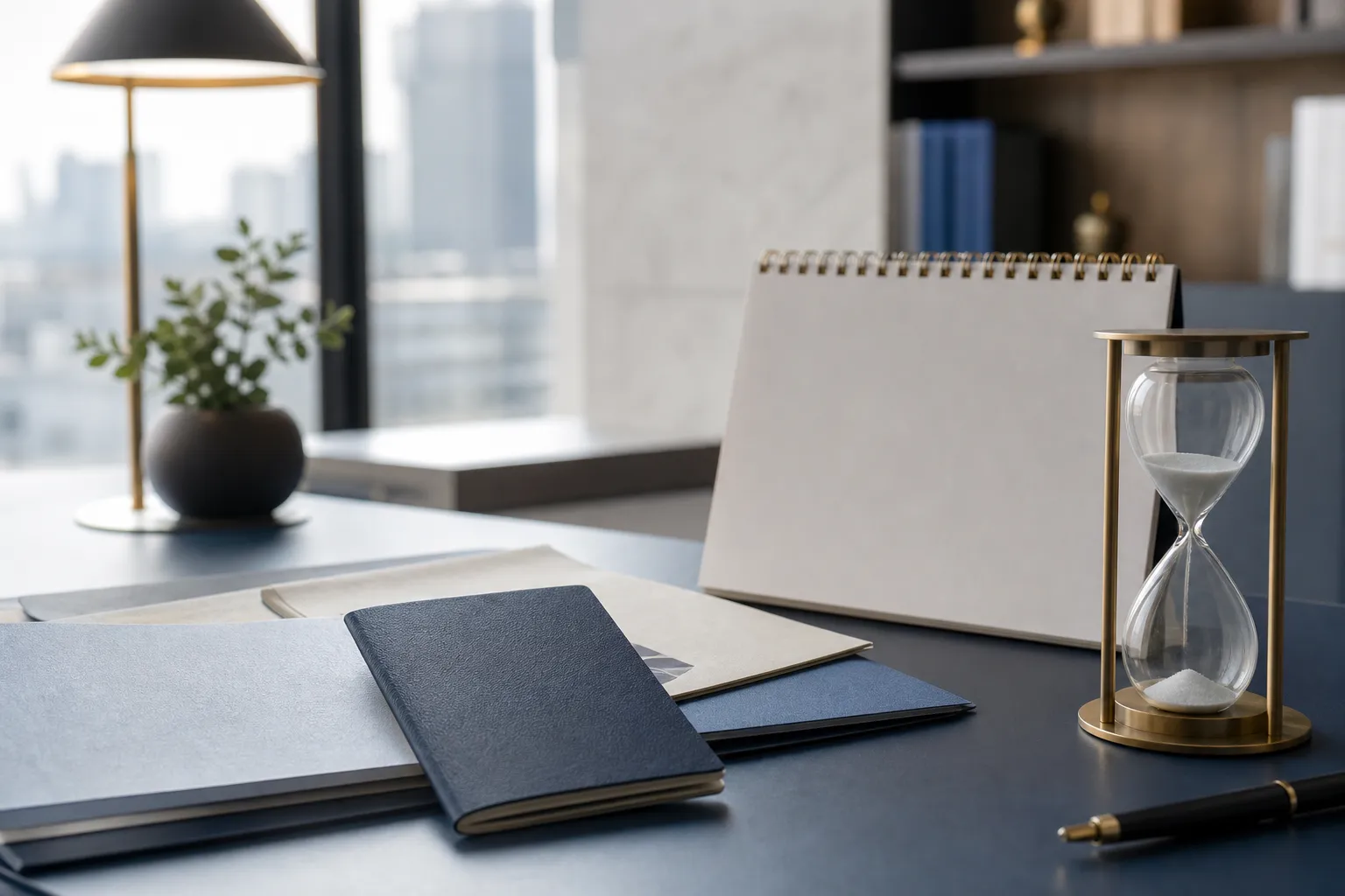 Passport, calendar, hourglass, and generic immigration paperwork arranged on an office desk to represent a changing visa grace period.