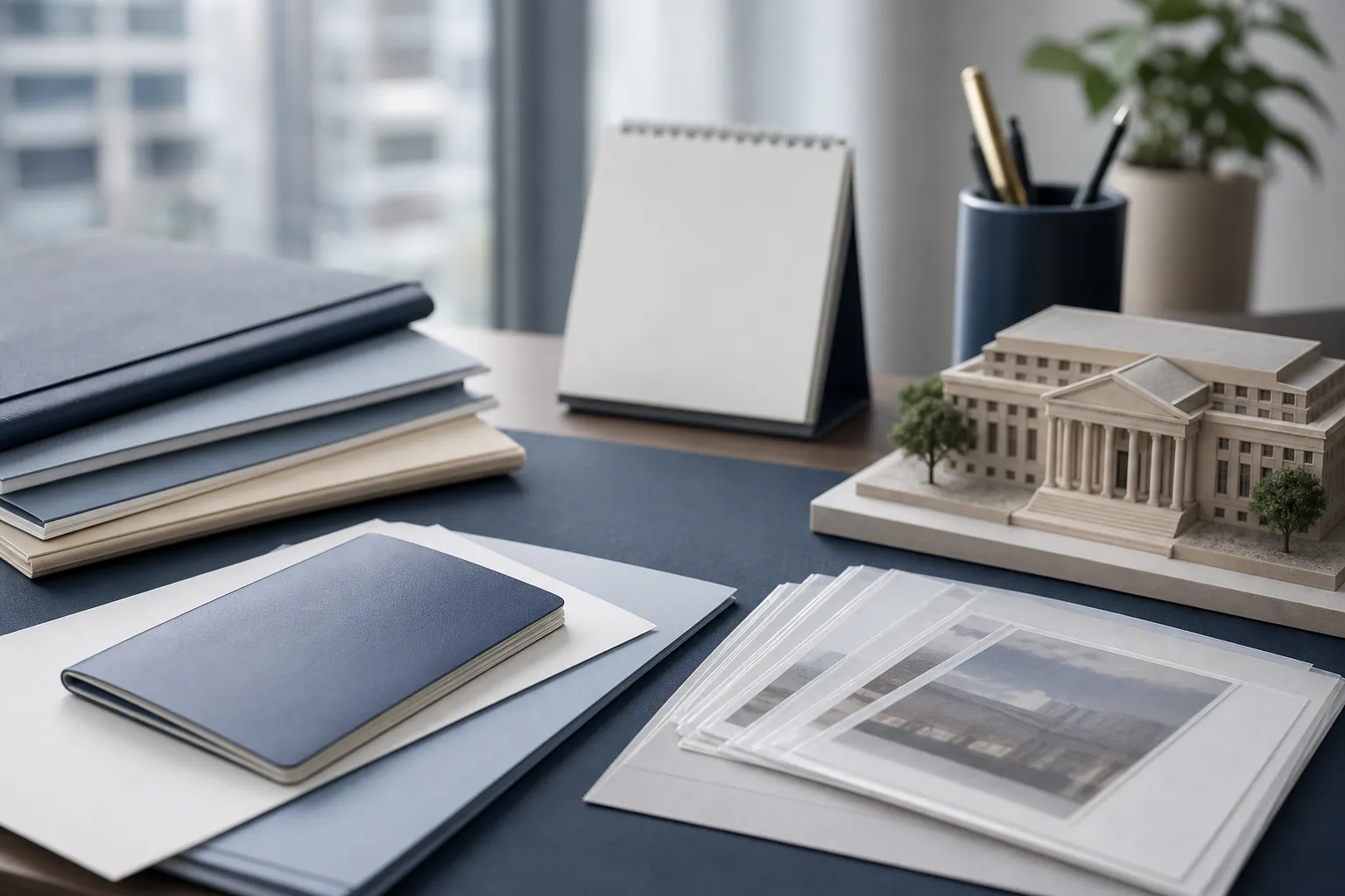 Passport, immigration case folders, and organized supporting documents on a professional office desk near a government-style building model.