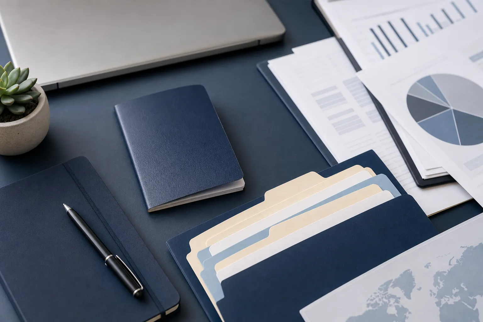 A passport beside organized business records, evidence folders, and a laptop on a modern office desk.