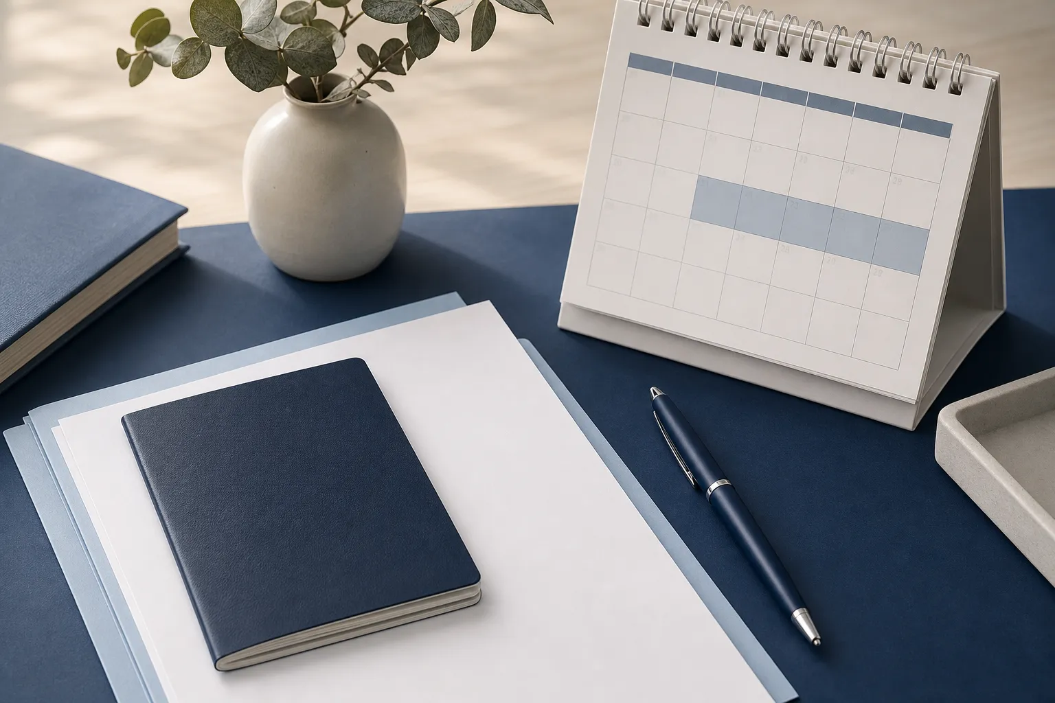 A passport beside an immigration form calendar marked for a September filing transition on a clean office desk